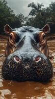Hippo emerges from muddy water in a lush natural habitat during a cloudy day photo