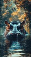 Hippo swims in a serene river surrounded by autumn foliage during a peaceful afternoon photo