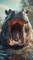 Hippo opens its mouth wide while basking in the calm waters of a tranquil river during the golden hour photo