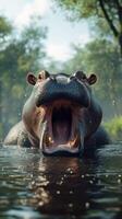 Hippo yawning while submerged in calm river water surrounded by lush vegetation in the early morning light photo