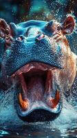 Hippo splashing water with mouth open in vibrant aquatic environment during a sunny day photo