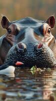 Large hippopotamus observed in a tranquil water setting with a bird nearby during the golden hour photo