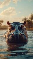 Hippo swimming in a tranquil river at sunset surrounded by lush vegetation and soft golden light photo