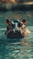 Hippo swims in clear water during bright daylight at a wildlife sanctuary photo