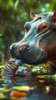 Majestic hippopotamus nurturing her adorable calves in a lush, serene water setting during golden hour photo