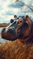 Hippo relaxing by the riverbank during a calm afternoon in a serene natural habitat photo