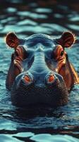 Close view of a hippo swimming in a river during golden hour light in the wild photo