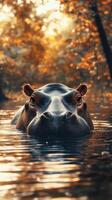 Hippopotamus swimming in tranquil waters surrounded by autumn foliage in a serene environment photo
