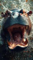 Hippo emerging from water with mouth wide open in a dramatic display during sunset in a river photo
