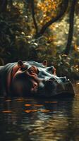 Large hippopotamus rests in tranquil water surrounded by lush greenery during golden hour photo