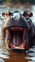 Hippo opens mouth in a serene river during golden hour showcasing its unique features and vibrant environment photo