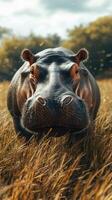 Hippopotamus grazing in golden grasslands during a sunny afternoon near a water source photo
