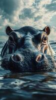 Hippo emerging from water under cloudy sky at sunset in a serene natural habitat photo