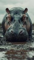 Hippo basking in muddy water under cloudy skies during early morning hours photo