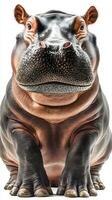 Large hippopotamus sitting with a calm expression against a plain background in a natural pose photo