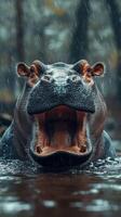 Hippopotamus emerging from water during rain in a dense forest at twilight photo