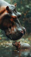 Mother hippo interacting with her calf in a serene water setting during a gentle rain photo
