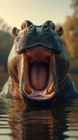 Hippo opens its mouth wide in tranquil waters during sunrise in a natural habitat setting photo