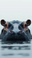 Close-up view of a hippopotamus emerging from the water in a serene environment during early morning photo