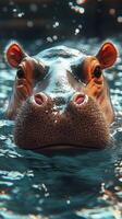 Hippopotamus gazing out of water with bubbles rising in a tranquil aquatic environment photo
