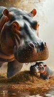 Hippos in a serene habitat interacting with each other during the golden hour photo