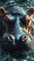 Close-up of a hippopotamus relaxing in water under soft sunlight in a natural habitat during late afternoon photo