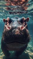 Hippo swims underwater and curiously gazes at the camera in a tranquil water setting during the day photo