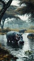 Hippos wade through a serene wetland in the early morning mist of an expansive African savanna photo