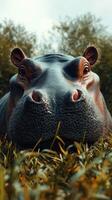 Close encounter with a hippo resting on green grass in the wild during soft daylight photo