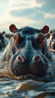 Hippo swimming in a tranquil river during golden hour with other hippos in the background photo
