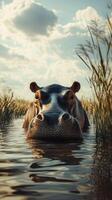 Hippo in calm water surrounded by tall grasses under a cloudy sky in the late afternoon light photo