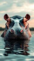 Hippo swims in calm waters at sunset, showcasing its powerful physique and expressive features in a serene environment photo