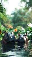 Two hippos enjoying a serene moment in lush waters surrounded by vibrant tropical plants photo
