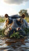 Hippo emerges from water, munching on grass, as sunlight reflects off the gentle surface in a serene natural setting photo