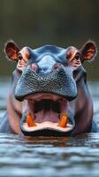 Majestic hippo breaching the surface of the water in a serene river environment during daylight hours photo