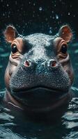 Hippo emerges from water during a rainy day, showcasing its unique features in a tranquil aquatic environment photo
