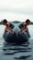 Hippo swimming in calm water at a natural reserve during a cloudy day photo