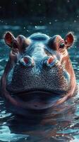Hippo emerges from water in a serene setting, showcasing remarkable facial features and textures in natural habitat photo