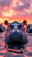 Hippos swim at sunset in a serene water setting creating a stunning display of colors and wildlife interactions photo