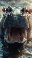 Hippopotamus opens mouth wide while submerged in water during golden hour light photo