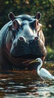 Hippo and heron interacting by the water in a serene natural setting photo