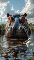 Majestic hippo emerging from water under a blue sky with fluffy clouds and small birds nearby in a lush habitat photo