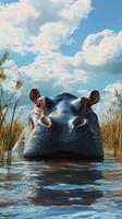 Hippo sunbathing in shallow waters surrounded by tall grasses on a bright day photo