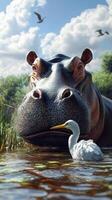 Hippopotamus resting by a river with a bird in the foreground on a sunny day amidst lush greenery photo