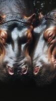 Two hippos interact closely in a serene aquatic environment, showcasing their unique behavior and texture under the gentle water surface photo