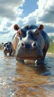 Two hippos wade through a river under a bright sky in a natural habitat during the early afternoon photo