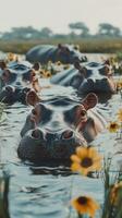 Herd of hippos swimming in a serene lake surrounded by sunflowers during late afternoon photo