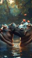 Two hippos share a tender moment in a serene water setting adorned with lotus flowers photo
