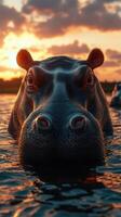 Hippo emerges from water at sunset creating a serene and striking silhouette against the colorful sky photo