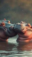 Two hippos interact affectionately in a serene water setting during sunset photo